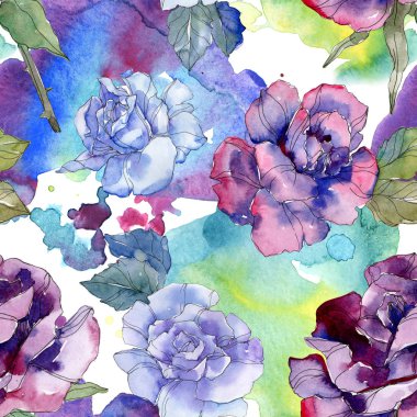 Mavi ve Mor gül botanik çiçek. Vahşi bahar yaprak izole. Suluboya resim kümesi. Suluboya çizim aquarelle. Sorunsuz arka plan deseni. Kumaş duvar kağıdı yazdırma doku.