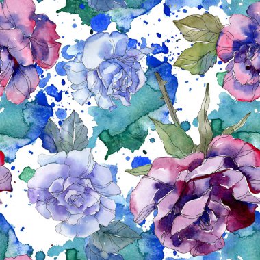 Mavi ve Mor gül botanik çiçek. Vahşi bahar yaprak izole. Suluboya resim kümesi. Suluboya çizim aquarelle. Sorunsuz arka plan deseni. Kumaş duvar kağıdı yazdırma doku.
