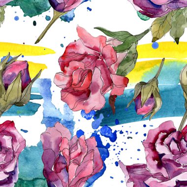 Mor ve kırmızı gül botanik çiçekler. Vahşi bahar yaprak izole. Suluboya resim kümesi. Suluboya çizim moda aquarelle. Sorunsuz arka plan deseni. Kumaş duvar kağıdı yazdırma doku.