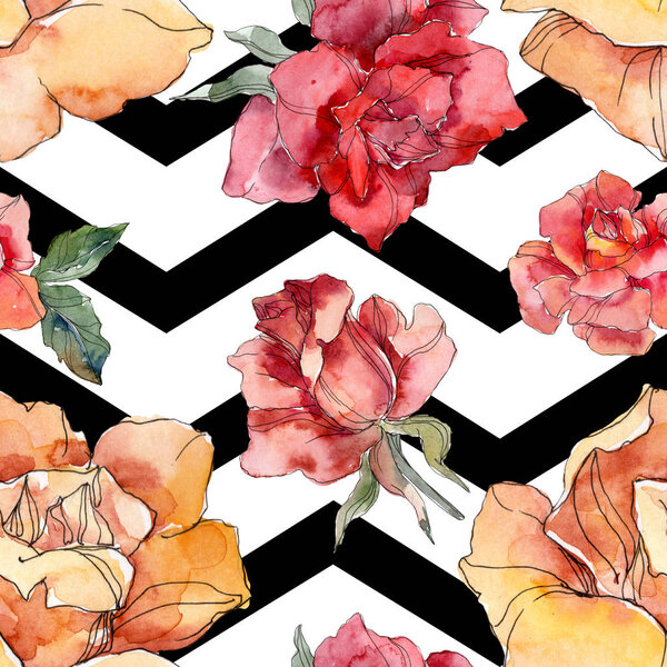 Orange and red Rose floral botanical flower. Wild spring leaf isolated. Watercolor illustration set. Watercolour drawing fashion aquarelle. Seamless background pattern. Fabric wallpaper print texture.