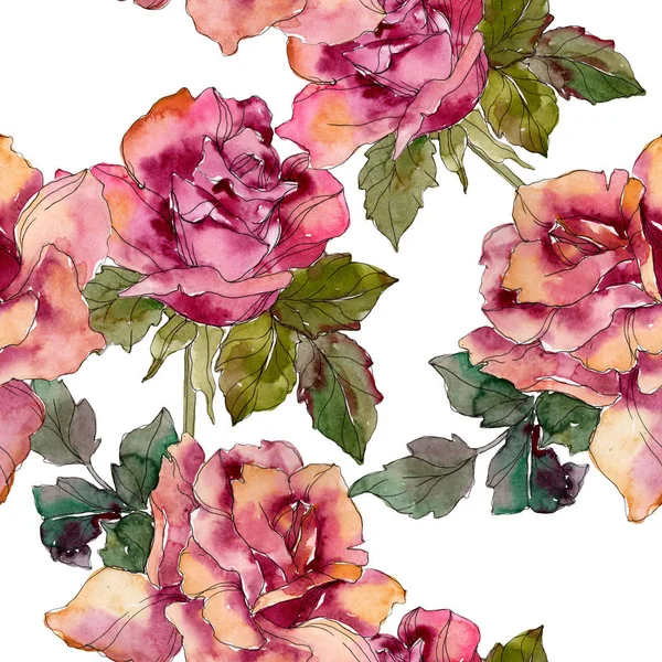 Maroon pink rose floral botanical flower. Wild spring leaf isolated. Watercolor illustration set. Watercolour drawing fashion aquarelle. Seamless background pattern. Fabric wallpaper print texture.