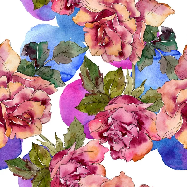 马龙粉红色玫瑰花卉植物花 被隔绝的狂放的春天叶子 水彩插图集 水彩画时尚水彩画 无缝的背景模式 织物壁纸打印纹理 — 图库照片