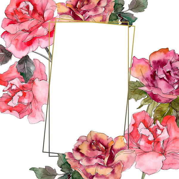 Pink rose floral botanical flower. Wild spring leaf wildflower isolated. Watercolor background illustration set. Watercolour drawing fashion aquarelle isolated. Frame border ornament square.