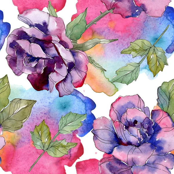 蓝色和紫色玫瑰花植物花 被隔绝的狂放的春天叶子 水彩插图集 水彩画水族馆 无缝的背景模式 织物壁纸打印纹理 — 图库照片