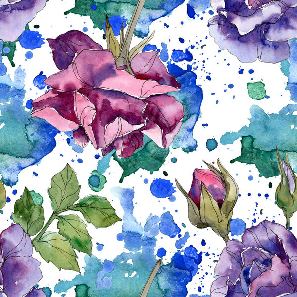 Purple and red rose botanical flowers. Wild spring leaf isolated. Watercolor illustration set. Watercolour drawing fashion aquarelle. Seamless background pattern. Fabric wallpaper print texture.