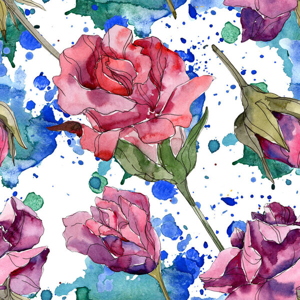 Purple and red rose botanical flowers. Wild spring leaf isolated. Watercolor illustration set. Watercolour drawing fashion aquarelle. Seamless background pattern. Fabric wallpaper print texture.