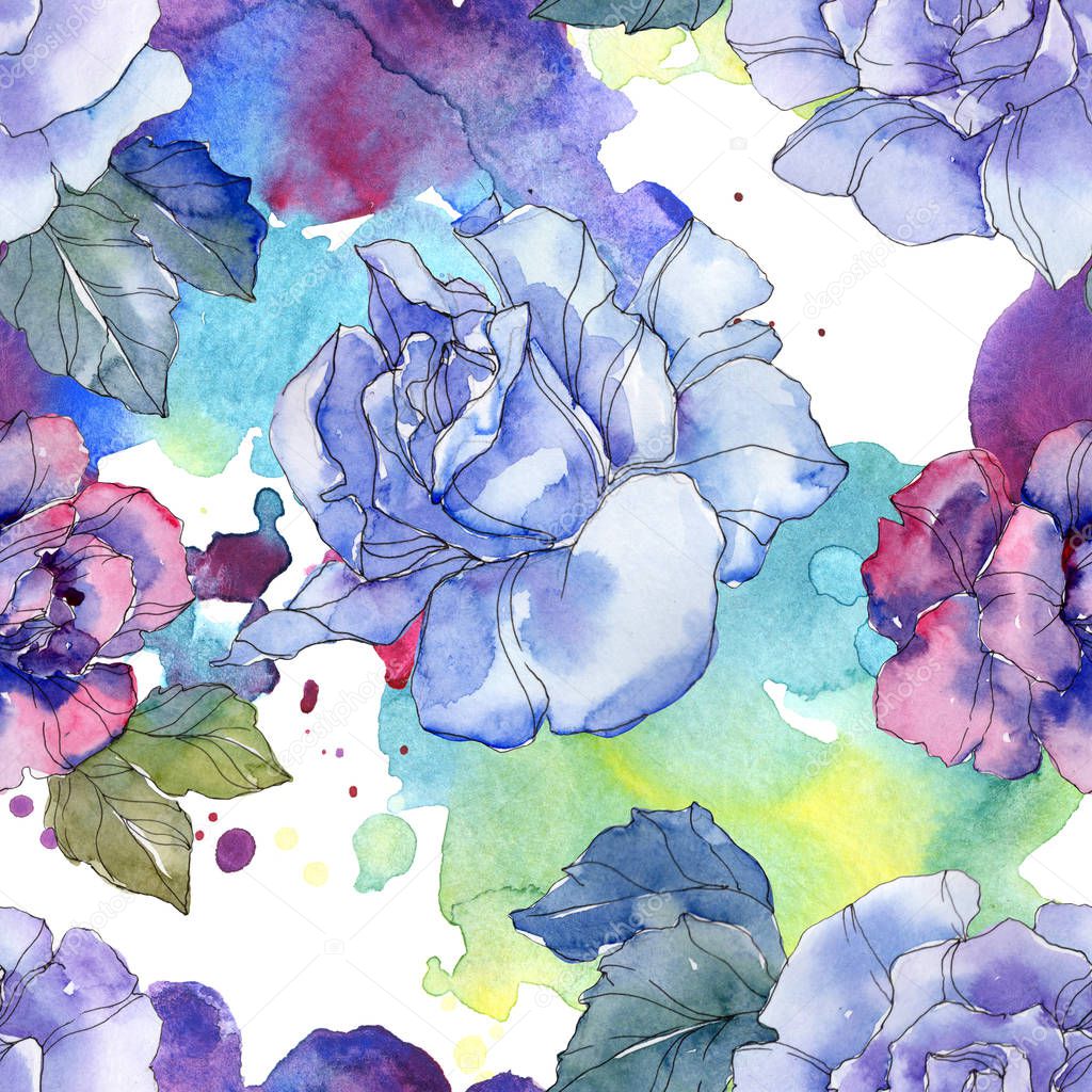Blue and purple rose floral botanical flower. Wild spring leaf isolated. Watercolor illustration set. Watercolour drawing aquarelle. Seamless background pattern. Fabric wallpaper print texture.
