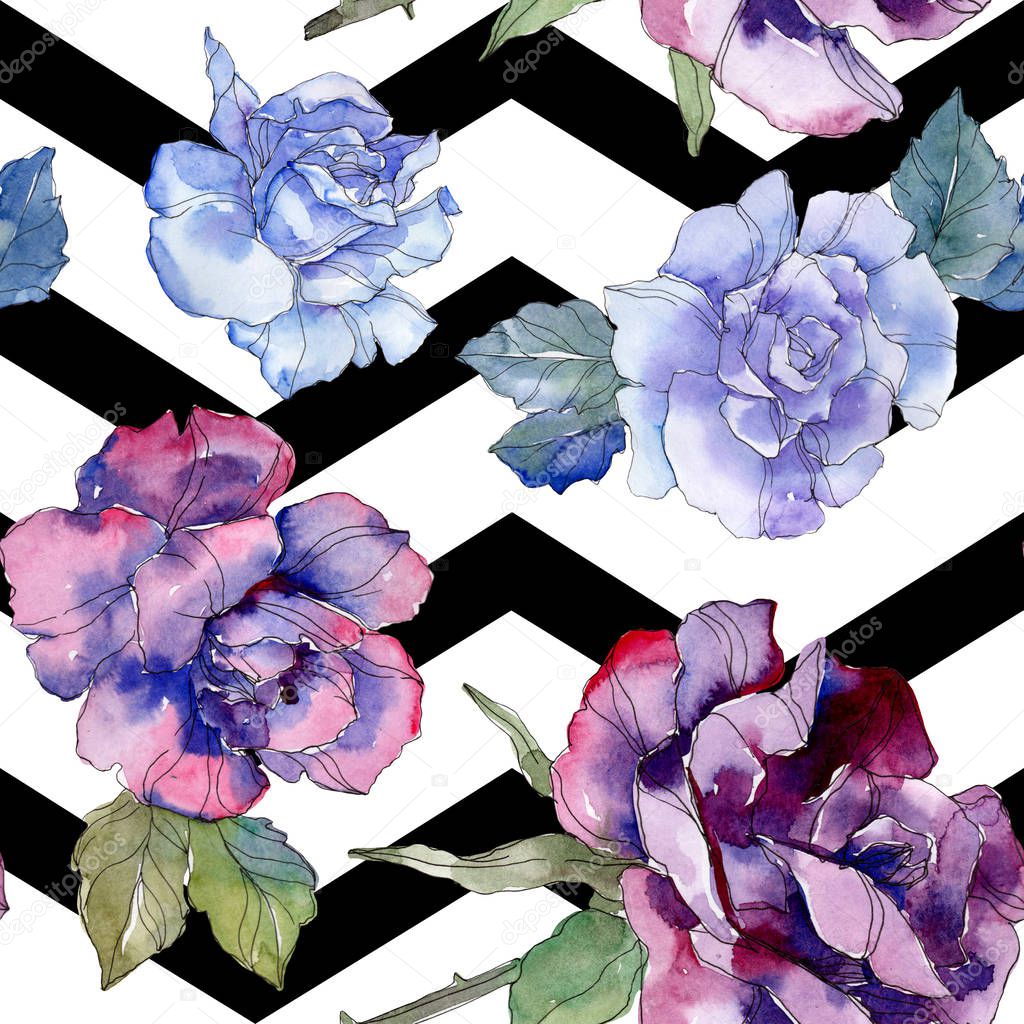 Blue and purple rose floral botanical flower. Wild spring leaf isolated. Watercolor illustration set. Watercolour drawing aquarelle. Seamless background pattern. Fabric wallpaper print texture.