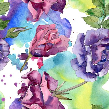 Mor ve kırmızı gül botanik çiçekler. Vahşi bahar yaprak izole. Suluboya resim kümesi. Suluboya çizim moda aquarelle. Sorunsuz arka plan deseni. Kumaş duvar kağıdı yazdırma doku.