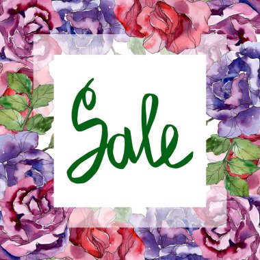 Mor ve kırmızı çiçek botanik çiçekler yükseldi. Vahşi bahar yaprak izole kır çiçeği. Suluboya arka plan illüstrasyon küme. Suluboya çizim moda aquarelle. Çerçeve kenarlığı süsleme Meydanı.