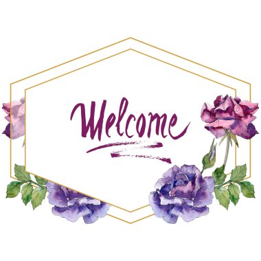 Mor ve kırmızı çiçek botanik çiçekler yükseldi. Vahşi bahar yaprak izole kır çiçeği. Suluboya arka plan illüstrasyon küme. Suluboya çizim moda aquarelle. Çerçeve kenarlığı süsleme Meydanı.