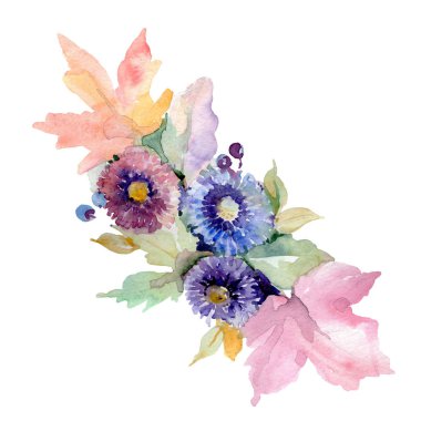 Buket çiçek botanik çiçekler. Vahşi bahar yaprak izole kır çiçeği. Suluboya arka plan illüstrasyon küme. Suluboya çizim moda aquarelle. İzole buket illüstrasyon öğesi.