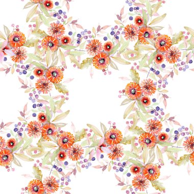 Buket çiçek botanik çiçekler. Vahşi bahar yaprak izole kır çiçeği. Suluboya resim kümesi. Suluboya çizim moda aquarelle. Sorunsuz arka plan deseni. Kumaş duvar kağıdı yazdırma doku.