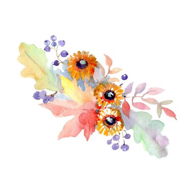Buket çiçek botanik çiçekler. Vahşi bahar yaprak izole kır çiçeği. Suluboya arka plan illüstrasyon küme. Suluboya çizim moda aquarelle. İzole buket illüstrasyon öğesi.