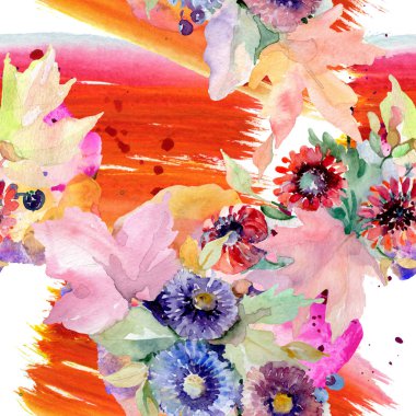 Buket çiçek botanik çiçekler. Vahşi bahar yaprak izole kır çiçeği. Suluboya resim kümesi. Suluboya çizim moda aquarelle. Sorunsuz arka plan deseni. Kumaş duvar kağıdı yazdırma doku.