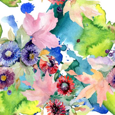 Buket çiçek botanik çiçekler. Vahşi bahar yaprak izole kır çiçeği. Suluboya resim kümesi. Suluboya çizim moda aquarelle. Sorunsuz arka plan deseni. Kumaş duvar kağıdı yazdırma doku.
