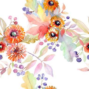 Buket çiçek botanik çiçekler. Vahşi bahar yaprak izole kır çiçeği. Suluboya resim kümesi. Suluboya çizim moda aquarelle. Sorunsuz arka plan deseni. Kumaş duvar kağıdı yazdırma doku.