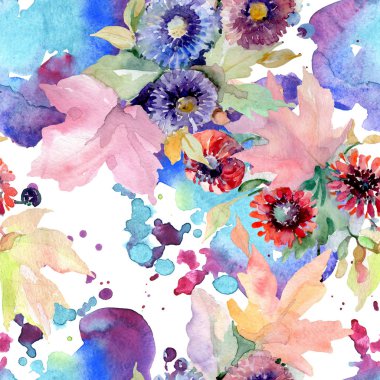 Buket çiçek botanik çiçekler. Vahşi bahar yaprak izole kır çiçeği. Suluboya resim kümesi. Suluboya çizim moda aquarelle. Sorunsuz arka plan deseni. Kumaş duvar kağıdı yazdırma doku.