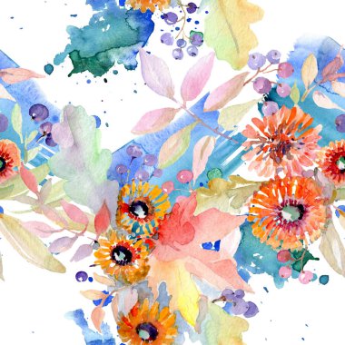 Buket çiçek botanik çiçekler. Vahşi bahar yaprak izole kır çiçeği. Suluboya resim kümesi. Suluboya çizim moda aquarelle. Sorunsuz arka plan deseni. Kumaş duvar kağıdı yazdırma doku.