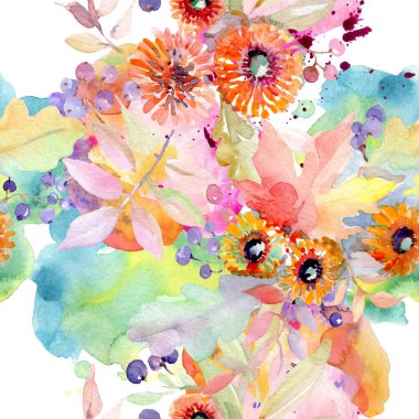Buket çiçek botanik çiçekler. Vahşi bahar yaprak izole kır çiçeği. Suluboya resim kümesi. Suluboya çizim moda aquarelle. Sorunsuz arka plan deseni. Kumaş duvar kağıdı yazdırma doku.