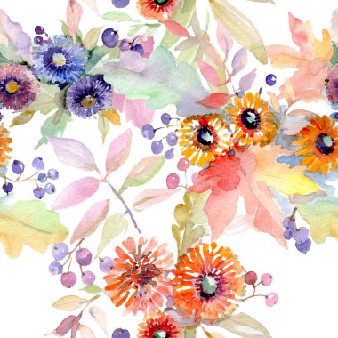 Buket çiçek botanik çiçekler. Vahşi bahar yaprak izole kır çiçeği. Suluboya resim kümesi. Suluboya çizim moda aquarelle. Sorunsuz arka plan deseni. Kumaş duvar kağıdı yazdırma doku.