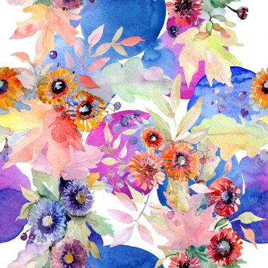 Buket çiçek botanik çiçekler. Vahşi bahar yaprak izole kır çiçeği. Suluboya resim kümesi. Suluboya çizim moda aquarelle. Sorunsuz arka plan deseni. Kumaş duvar kağıdı yazdırma doku.