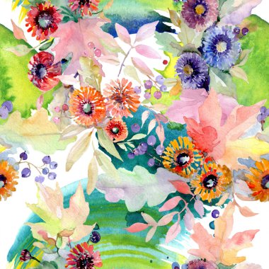 Buket çiçek botanik çiçekler. Vahşi bahar yaprak izole kır çiçeği. Suluboya resim kümesi. Suluboya çizim moda aquarelle. Sorunsuz arka plan deseni. Kumaş duvar kağıdı yazdırma doku.