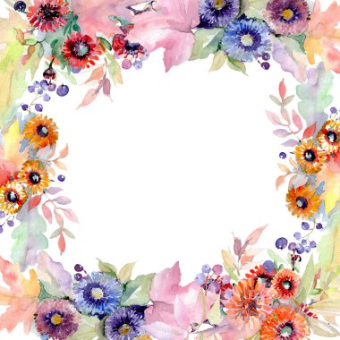 Buket çiçek botanik çiçekler. Vahşi bahar yaprak izole kır çiçeği. Suluboya arka plan illüstrasyon küme. Suluboya çizim moda aquarelle izole. Çerçeve kenarlığı süsleme Meydanı.