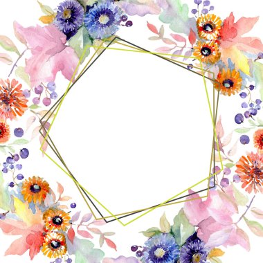 Buket çiçek botanik çiçekler. Vahşi bahar yaprak izole kır çiçeği. Suluboya arka plan illüstrasyon küme. Suluboya çizim moda aquarelle izole. Çerçeve kenarlığı süsleme Meydanı.