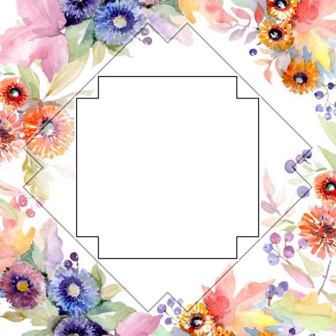 Buket çiçek botanik çiçekler. Vahşi bahar yaprak izole kır çiçeği. Suluboya arka plan illüstrasyon küme. Suluboya çizim moda aquarelle izole. Çerçeve kenarlığı süsleme Meydanı.
