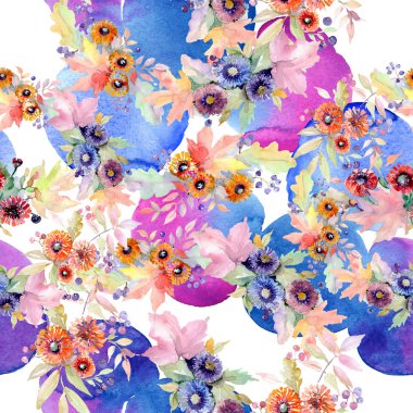 Buket çiçek botanik çiçekler. Vahşi bahar yaprak izole kır çiçeği. Suluboya resim kümesi. Suluboya çizim moda aquarelle. Sorunsuz arka plan deseni. Kumaş duvar kağıdı yazdırma doku.