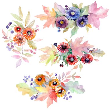 Buket çiçek botanik çiçekler. Vahşi bahar yaprak izole kır çiçeği. Suluboya arka plan illüstrasyon küme. Suluboya çizim moda aquarelle. İzole buket illüstrasyon öğesi.