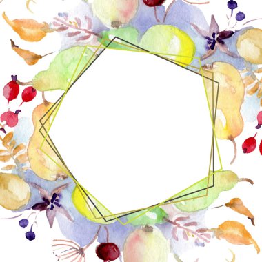 Buket çiçek ve meyve ile. Vahşi bahar yaprak izole kır çiçeği. Suluboya arka plan illüstrasyon küme. Suluboya çizim moda aquarelle izole. Çerçeve kenarlığı süsleme Meydanı.