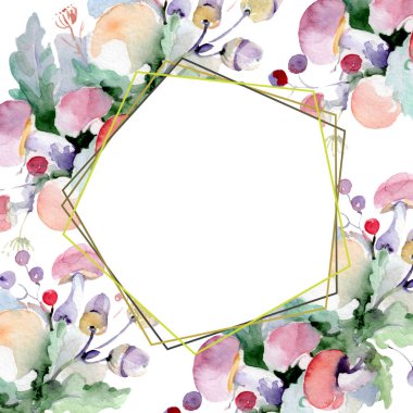Buket çiçek ve meyve ile. Vahşi bahar yaprak izole kır çiçeği. Suluboya arka plan illüstrasyon küme. Suluboya çizim moda aquarelle izole. Çerçeve kenarlığı süsleme Meydanı.