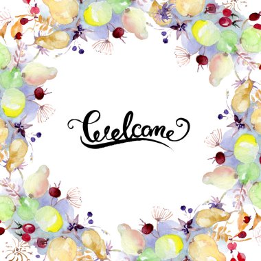 Buket çiçek ve meyve ile. Vahşi bahar yaprak izole kır çiçeği. Suluboya arka plan illüstrasyon küme. Suluboya çizim moda aquarelle izole. Çerçeve kenarlığı süsleme Meydanı.