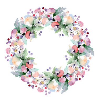 Buket çiçek ve meyve ile. Vahşi bahar yaprak izole kır çiçeği. Suluboya arka plan illüstrasyon küme. Suluboya çizim moda aquarelle izole. Çerçeve kenarlığı süsleme Meydanı.