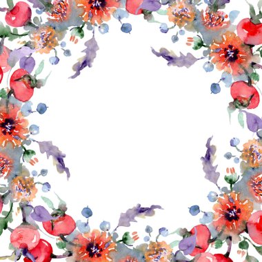 Buket çiçek ve meyve ile. Vahşi bahar yaprak izole kır çiçeği. Suluboya arka plan illüstrasyon küme. Suluboya çizim moda aquarelle izole. Çerçeve kenarlığı süsleme Meydanı.