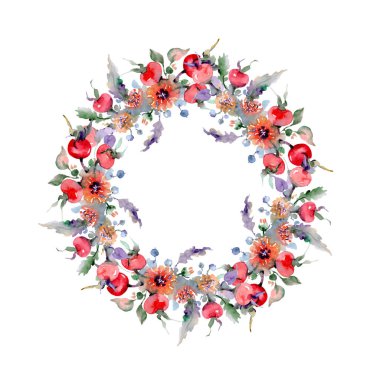 Buket çiçek ve meyve ile. Vahşi bahar yaprak izole kır çiçeği. Suluboya arka plan illüstrasyon küme. Suluboya çizim moda aquarelle izole. Çerçeve kenarlığı süsleme Meydanı.