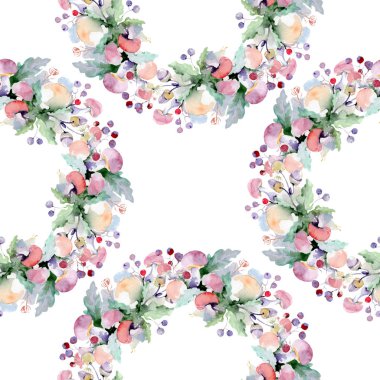 Buket çiçek ve meyve ile. Vahşi bahar yaprak izole kır çiçeği. Suluboya resim kümesi. Suluboya çizim moda aquarelle. Sorunsuz arka plan deseni. Kumaş duvar kağıdı yazdırma doku.
