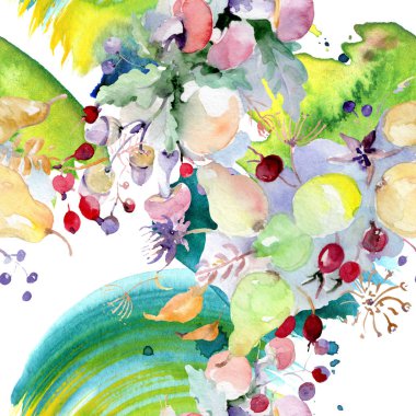 Buket çiçek ve meyve ile. Vahşi bahar yaprak izole kır çiçeği. Suluboya resim kümesi. Suluboya çizim moda aquarelle. Sorunsuz arka plan deseni. Kumaş duvar kağıdı yazdırma doku.