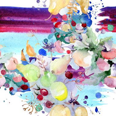 Buket çiçek ve meyve ile. Vahşi bahar yaprak izole kır çiçeği. Suluboya resim kümesi. Suluboya çizim moda aquarelle. Sorunsuz arka plan deseni. Kumaş duvar kağıdı yazdırma doku.