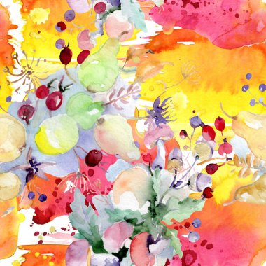 Buket çiçek ve meyve ile. Vahşi bahar yaprak izole kır çiçeği. Suluboya resim kümesi. Suluboya çizim moda aquarelle. Sorunsuz arka plan deseni. Kumaş duvar kağıdı yazdırma doku.