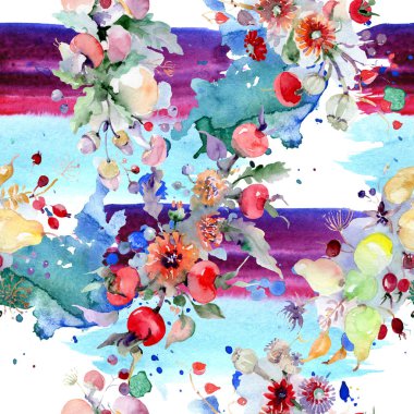 Buket çiçek ve meyve ile. Vahşi bahar yaprak izole kır çiçeği. Suluboya resim kümesi. Suluboya çizim moda aquarelle. Sorunsuz arka plan deseni. Kumaş duvar kağıdı yazdırma doku.
