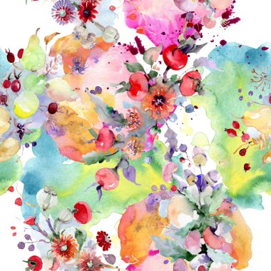 Buket çiçek ve meyve ile. Vahşi bahar yaprak izole kır çiçeği. Suluboya resim kümesi. Suluboya çizim moda aquarelle. Sorunsuz arka plan deseni. Kumaş duvar kağıdı yazdırma doku.