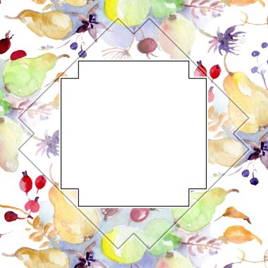 Buket çiçek ve meyve ile. Vahşi bahar yaprak izole kır çiçeği. Suluboya arka plan illüstrasyon küme. Suluboya çizim moda aquarelle izole. Çerçeve kenarlığı süsleme Meydanı.