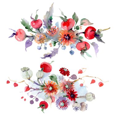 Buket çiçek ve meyve ile. Vahşi bahar yaprak izole kır çiçeği. Suluboya arka plan illüstrasyon küme. Suluboya çizim moda aquarelle. İzole buket illüstrasyon öğesi.