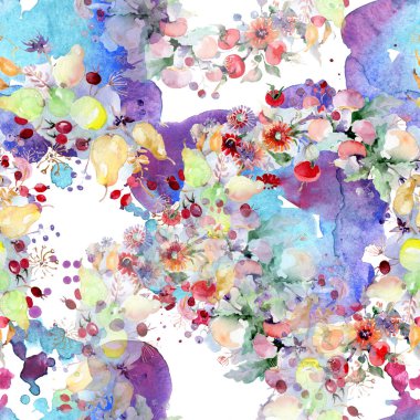 Buket çiçek ve meyve ile. Vahşi bahar yaprak izole kır çiçeği. Suluboya resim kümesi. Suluboya çizim moda aquarelle. Sorunsuz arka plan deseni. Kumaş duvar kağıdı yazdırma doku.