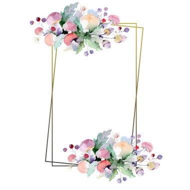 Buket çiçek ve meyve ile. Vahşi bahar yaprak izole kır çiçeği. Suluboya arka plan illüstrasyon küme. Suluboya çizim moda aquarelle izole. Çerçeve kenarlığı süsleme Meydanı.