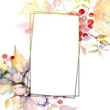Sonbahar orman meyve buketi. Vahşi bahar yaprak izole. Suluboya arka plan illüstrasyon küme. Suluboya çizim moda aquarelle izole. Çerçeve kenarlığı kristal süsleme Meydanı.