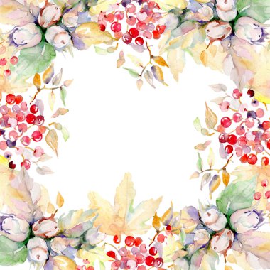 Sonbahar orman meyve buketi. Vahşi bahar yaprak izole. Suluboya arka plan illüstrasyon küme. Suluboya çizim moda aquarelle izole. Çerçeve kenarlığı süsleme Meydanı.